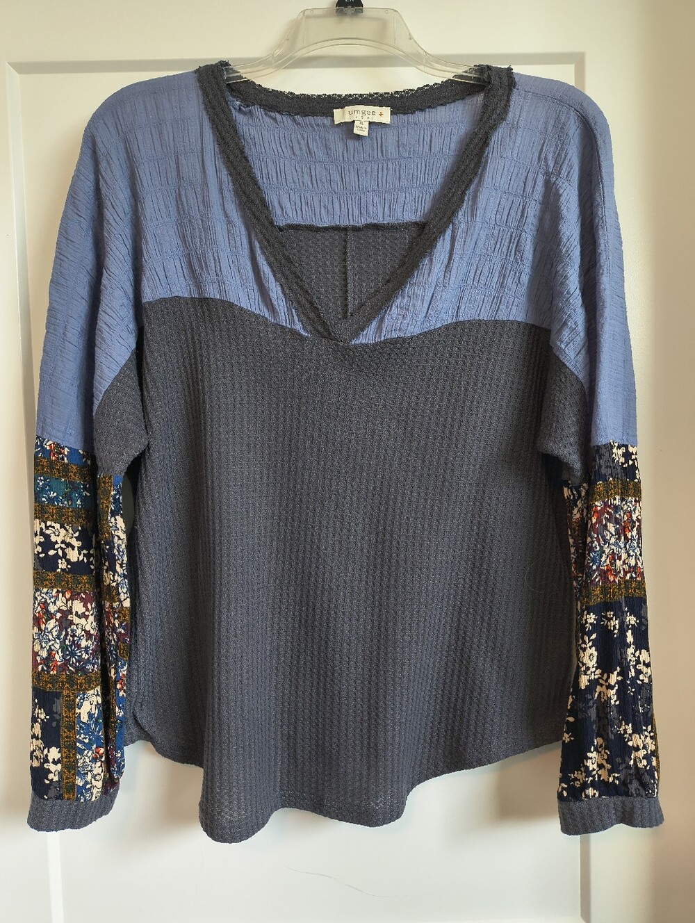Umgee Charcoal Gray & Blue Waffle Knit Patchwork Long Sleeve Top XL BOHO Cozy